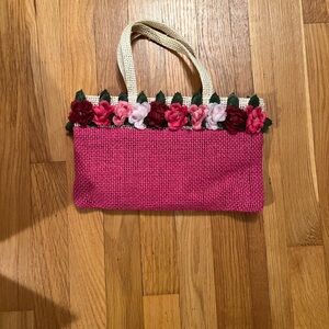 Pink Floral Woven Tote Bag